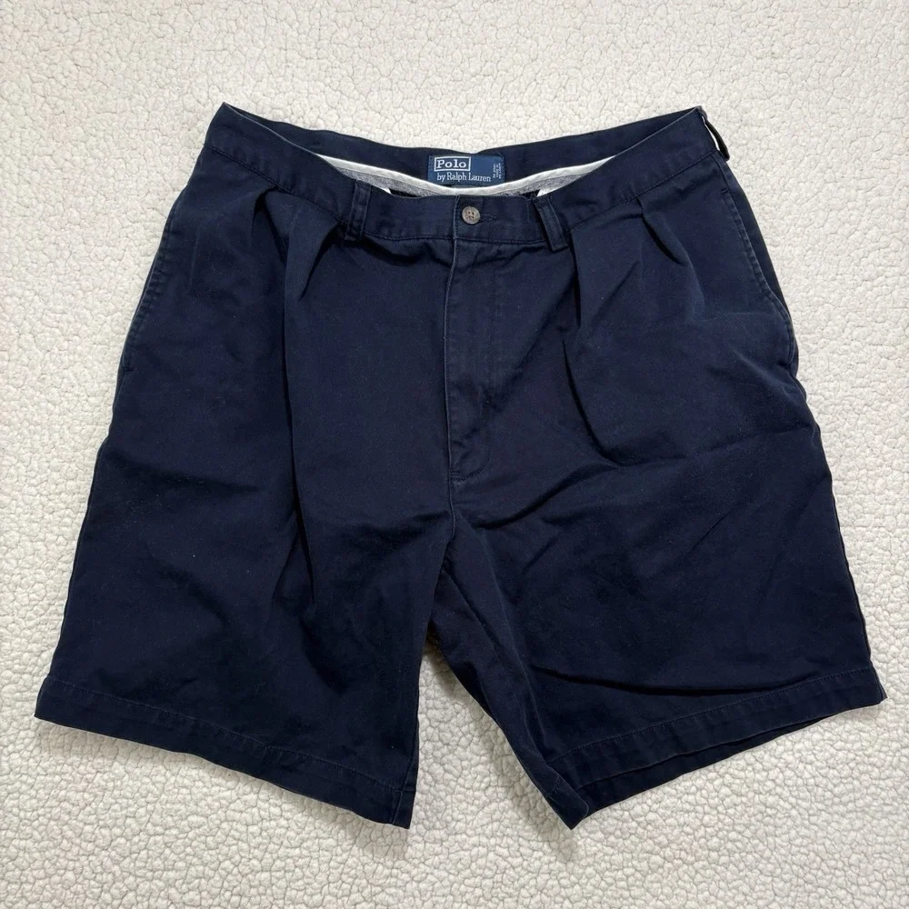 Polo Ralph Lauren Tyler Shorts Mens 36 Navy VTG Pleated Preppy Chino Nautical 9